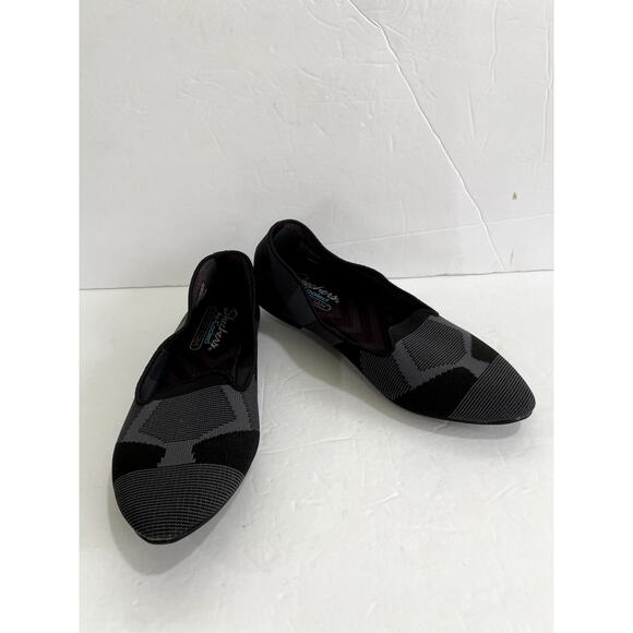 SKECHERS Women 9 Black Gray Textile Flat Ballerina Shoe Memory Foam - Picture 1 of 6